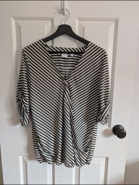 New York & Co Soho Women's Olive and White Striped V-Neck Blouse